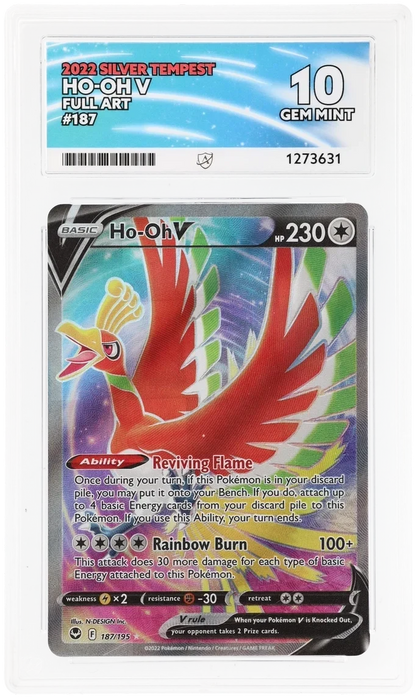 Ho-Oh V 187/195 Full Art, 2022 Silver Tempest, ACE 10 GEM MINT graded slab, front, cert 1273631