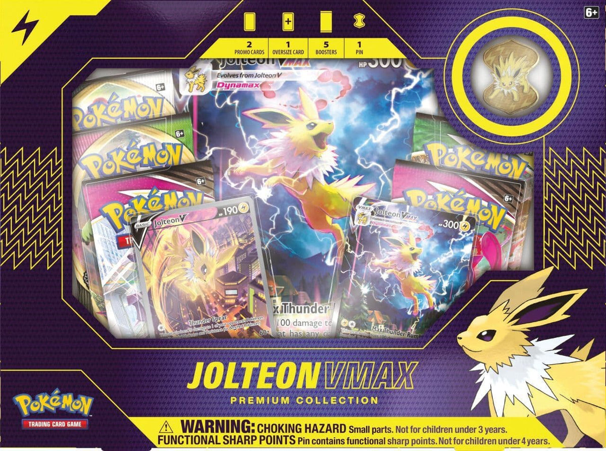 Pokémon Jolteon VMAX Premium Collection shown from the reverse with product details