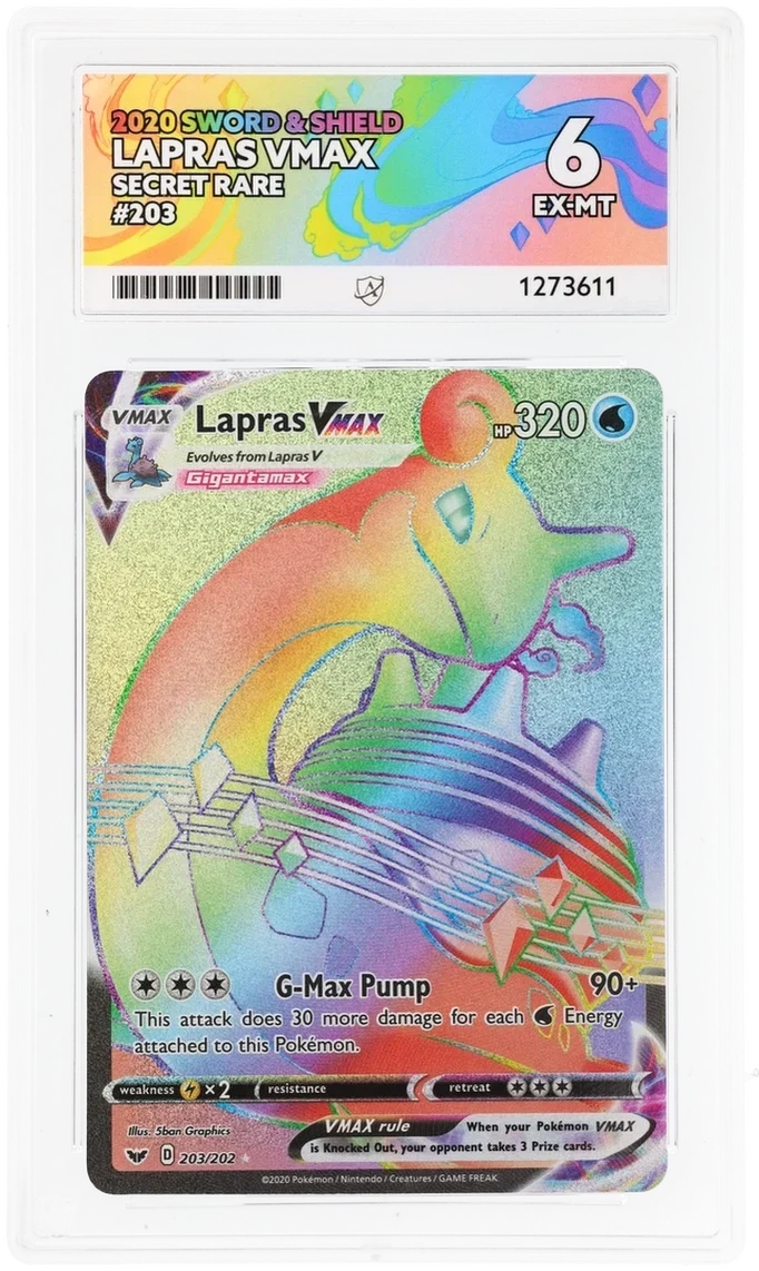Lapras VMAX 203/202 Secret Rare, 2020 Sword & Shield, ACE 6 EX-MT graded slab, front, cert 1273611
