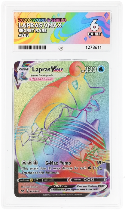 Lapras VMAX 203/202 Secret Rare, 2020 Sword & Shield, ACE 6 EX-MT graded slab, front, cert 1273611