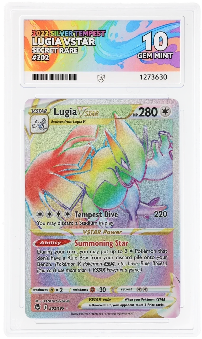 Lugia VSTAR 202/195 Secret Rare, 2022 Silver Tempest, ACE 10 GEM MINT graded slab, front, cert 1273630