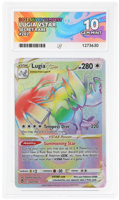 Lugia VSTAR 202/195 Secret Rare, 2022 Silver Tempest, ACE 10 GEM MINT graded slab, front, cert 1273630