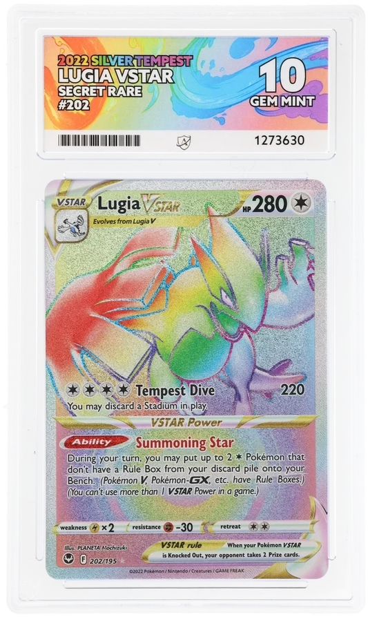 Lugia VSTAR 202/195 Secret Rare, 2022 Silver Tempest, ACE 10 GEM MINT graded slab, front, cert 1273630