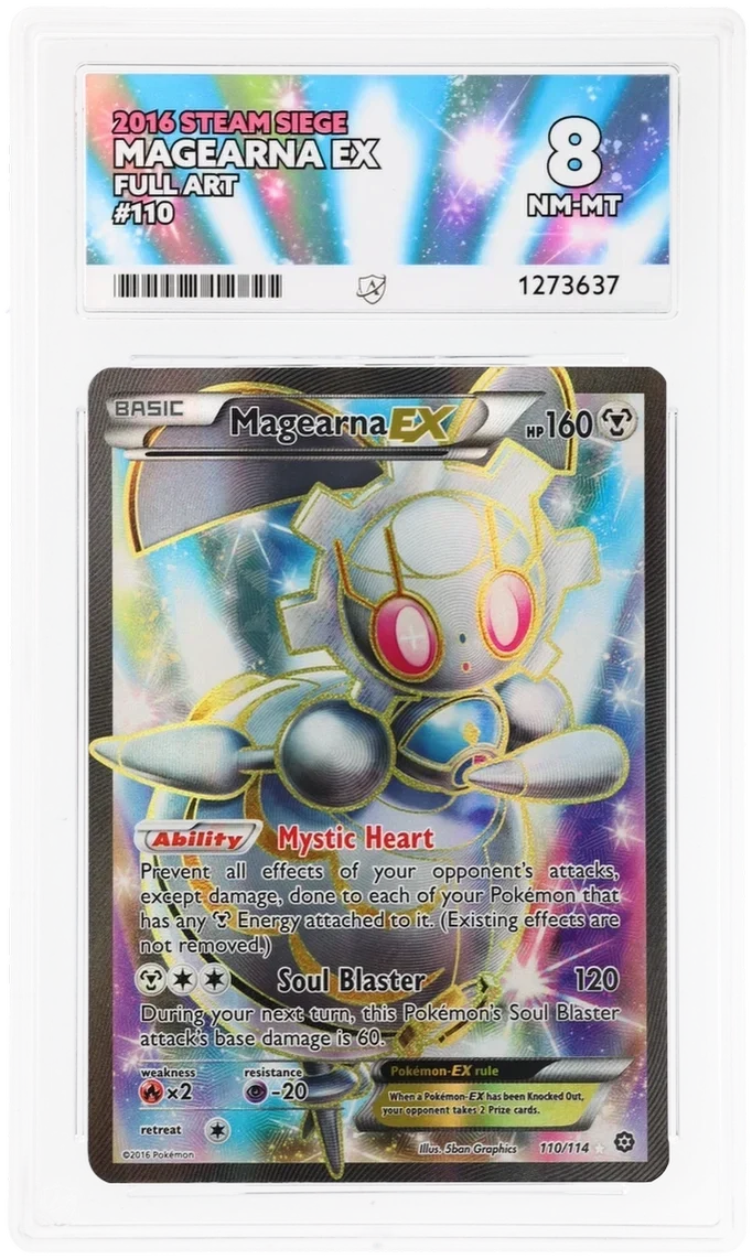 Magearna EX 110/114 Full Art, 2016 Steam Siege, ACE 8 NM-MT graded slab, front, cert 1273637