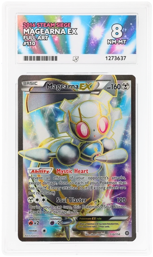 Magearna EX 110/114 Full Art, 2016 Steam Siege, ACE 8 NM-MT graded slab, front, cert 1273637
