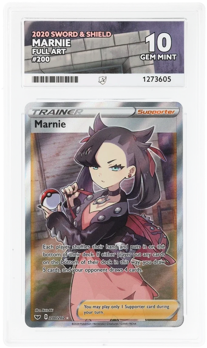 Marnie 200/202 Full Art, 2020 Sword & Shield, ACE 10 GEM MINT graded slab, front, cert 1273605