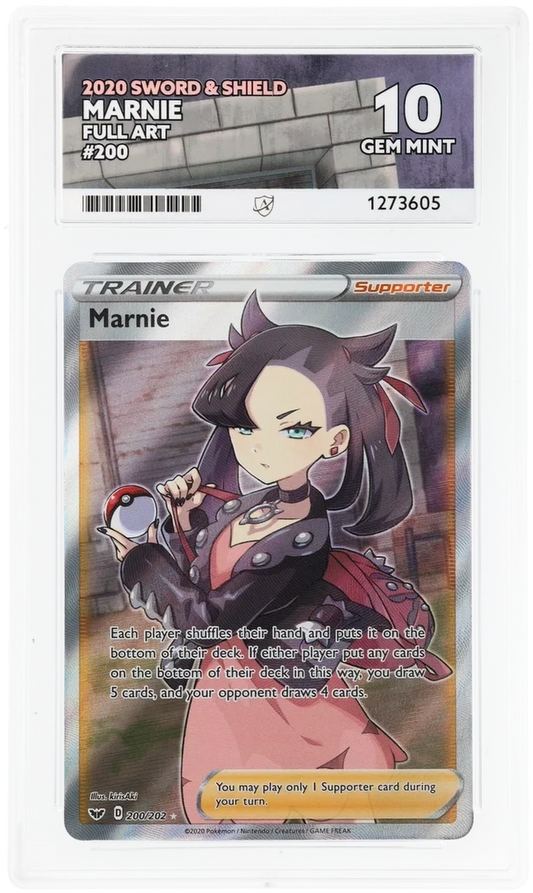 Marnie 200/202 Full Art, 2020 Sword & Shield, ACE 10 GEM MINT graded slab, front, cert 1273605