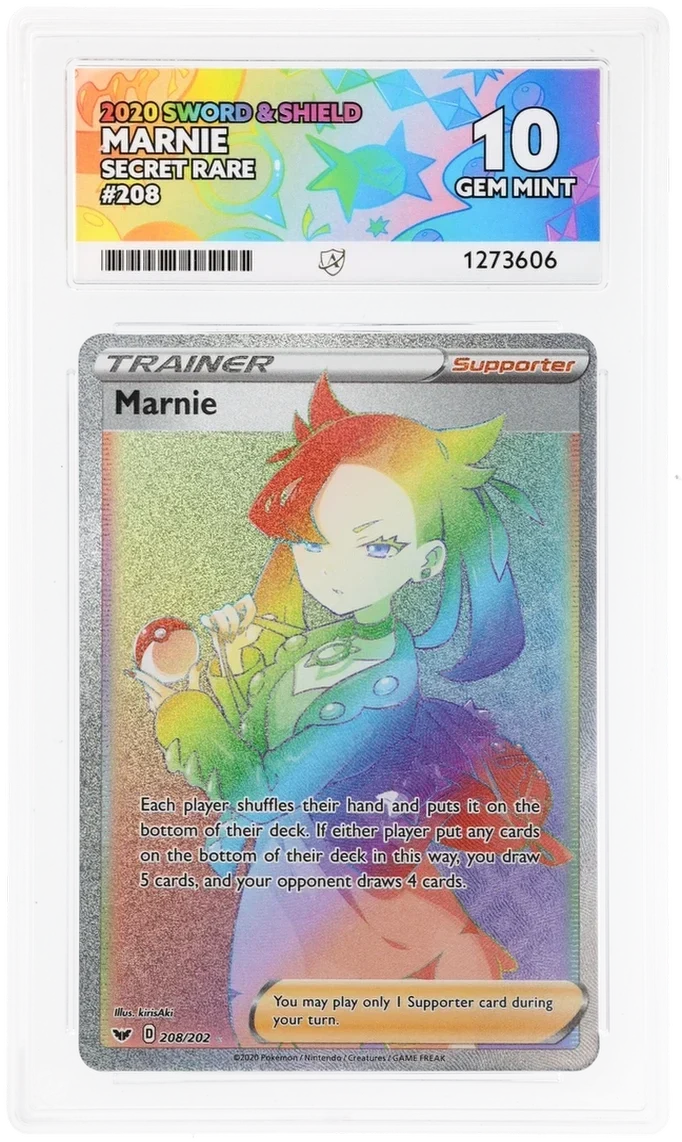 Marnie 208/202 Secret Rare, 2020 Sword & Shield, ACE 10 GEM MINT graded slab, front, cert 1273606
