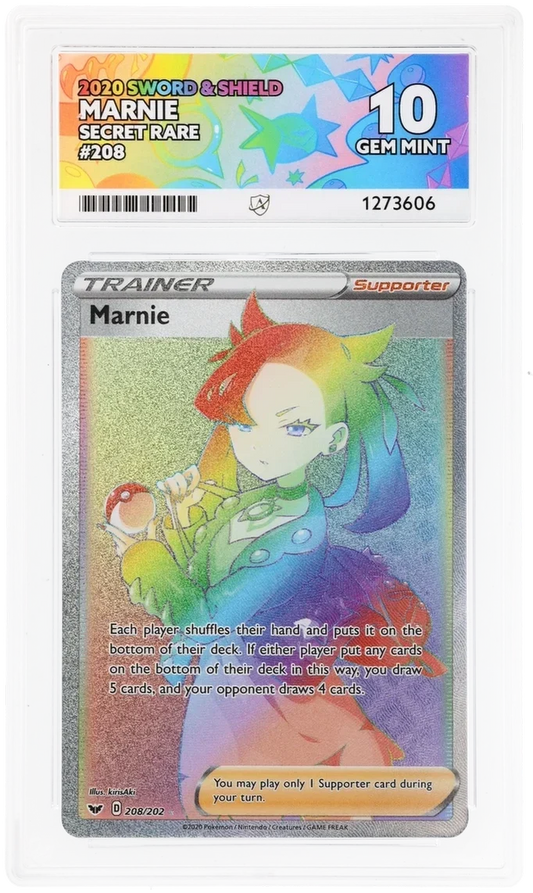 Marnie 208/202 Secret Rare, 2020 Sword & Shield, ACE 10 GEM MINT graded slab, front, cert 1273606