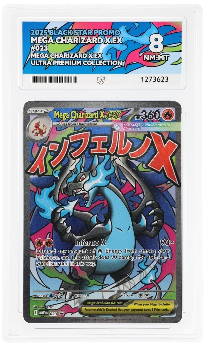 Mega Charizard X ex 023, 2025 Black Star Promo, ACE 8 NM-MT graded slab, front, cert 1273623
