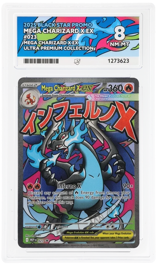 Mega Charizard X ex 023, 2025 Black Star Promo, ACE 8 NM-MT graded slab, front, cert 1273623