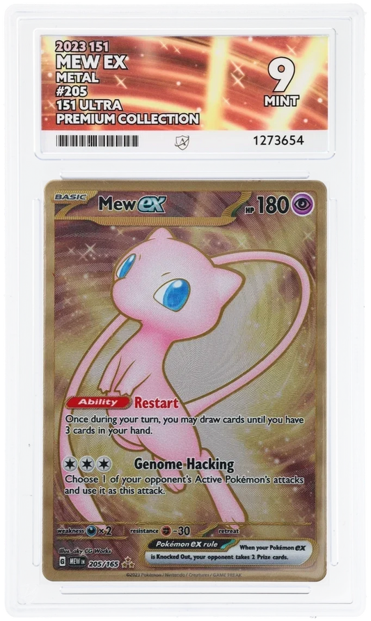 Mew ex 205/165 Metal, 2023 151, ACE 9 MINT graded slab, front, cert 1273654
