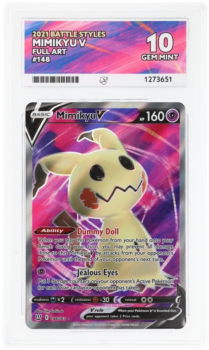 Mimikyu V 148/163 Full Art, 2021 Battle Styles, ACE 10 GEM MINT graded slab, front, cert 1273651