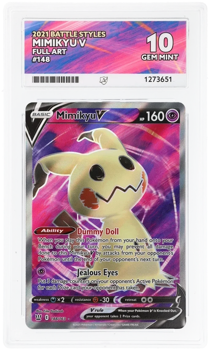 Mimikyu V 148/163 Full Art, 2021 Battle Styles, ACE 10 GEM MINT graded slab, front, cert 1273651