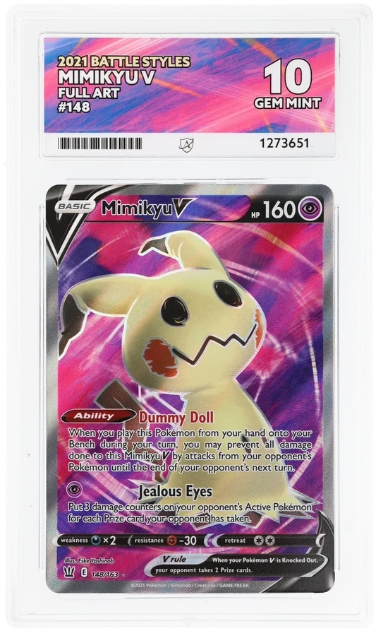 Mimikyu V 148/163 Full Art, 2021 Battle Styles, ACE 10 GEM MINT graded slab, front, cert 1273651