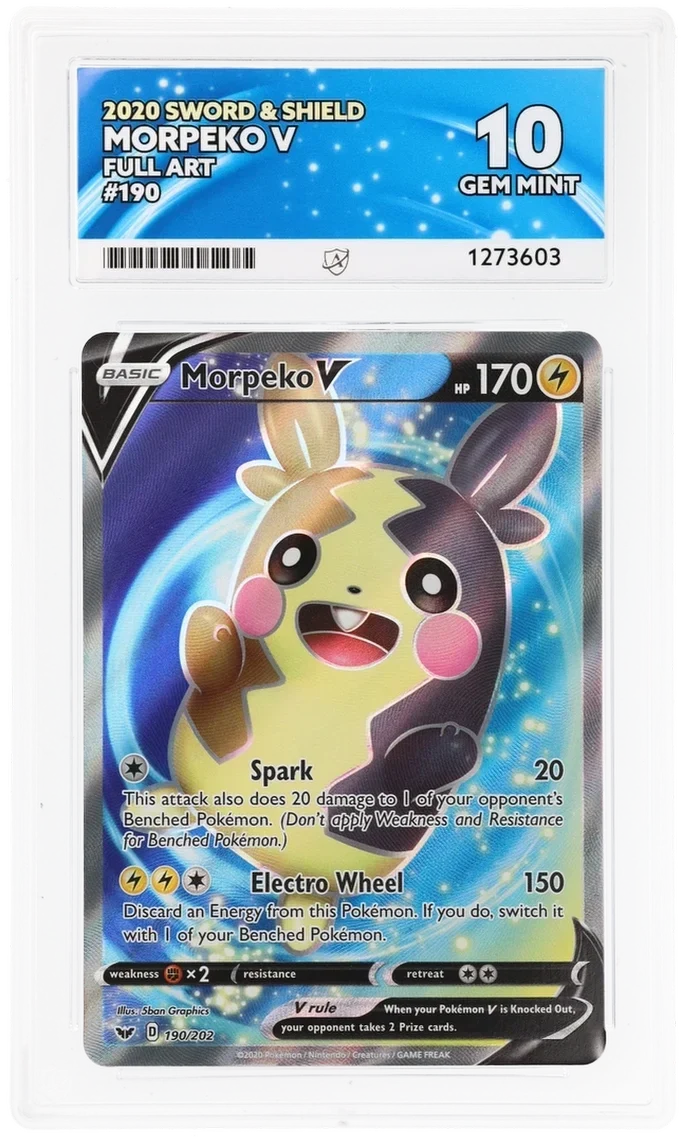 Morpeko V 190/202 Full Art, 2020 Sword & Shield, ACE 10 GEM MINT graded slab, front, cert 1273603