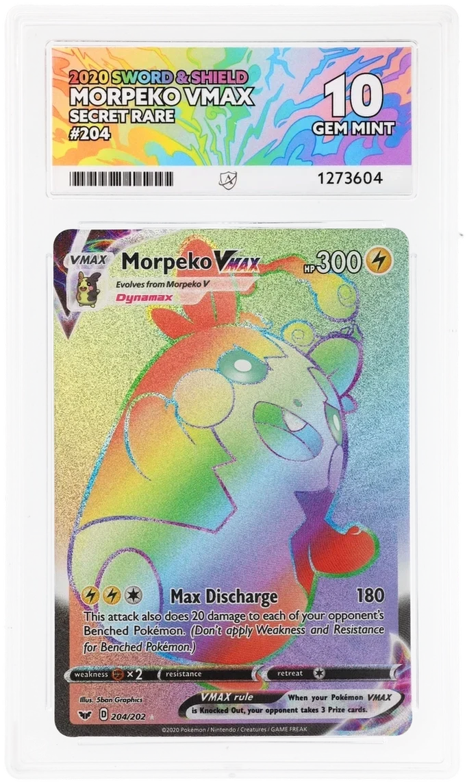 Morpeko VMAX 204/202 Secret Rare, 2020 Sword & Shield, ACE 10 GEM MINT graded slab, front, cert 1273604