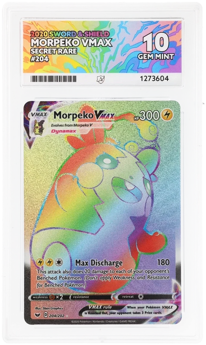 Morpeko VMAX 204/202 Secret Rare, 2020 Sword & Shield, ACE 10 GEM MINT graded slab, front, cert 1273604