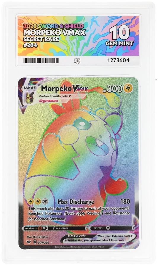 Morpeko VMAX 204/202 Secret Rare, 2020 Sword & Shield, ACE 10 GEM MINT graded slab, front, cert 1273604