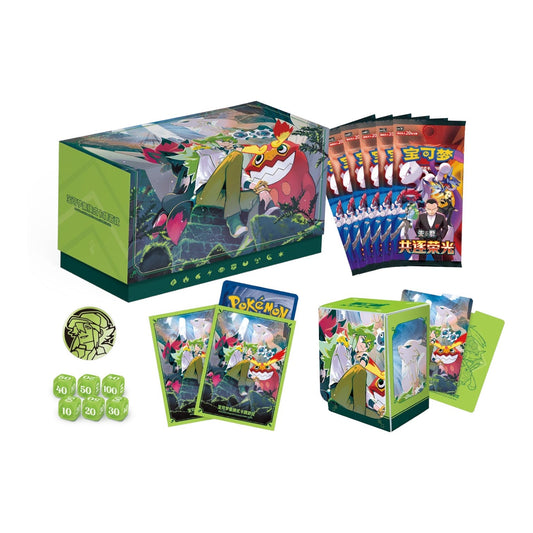 Pokémon TCG N Battle Set gift box contents with a green storage box, booster packs, sleeves and dice