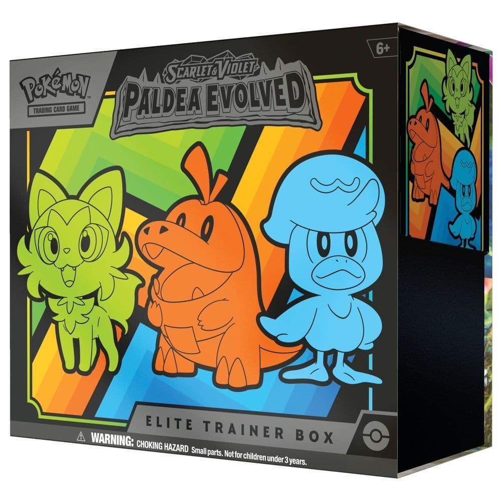 Rear of the Pokémon TCG Paldea Evolved Elite Trainer Box showing the contents listing