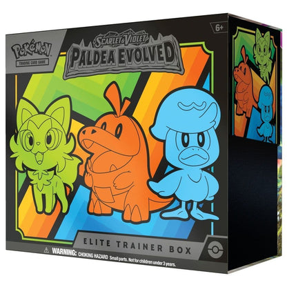 Rear of the Pokémon TCG Paldea Evolved Elite Trainer Box showing the contents listing