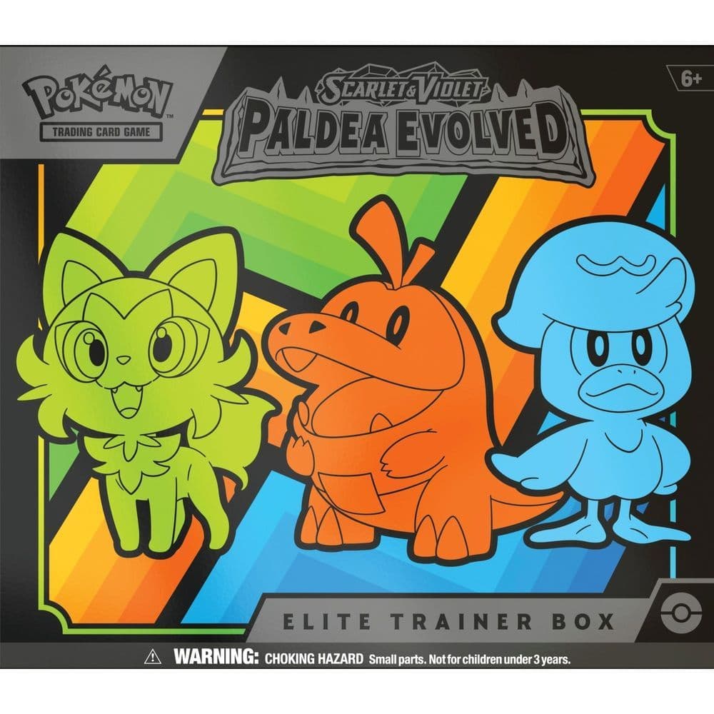 Contents of the Pokémon TCG Paldea Evolved Elite Trainer Box laid out
