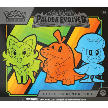 Contents of the Pokémon TCG Paldea Evolved Elite Trainer Box laid out
