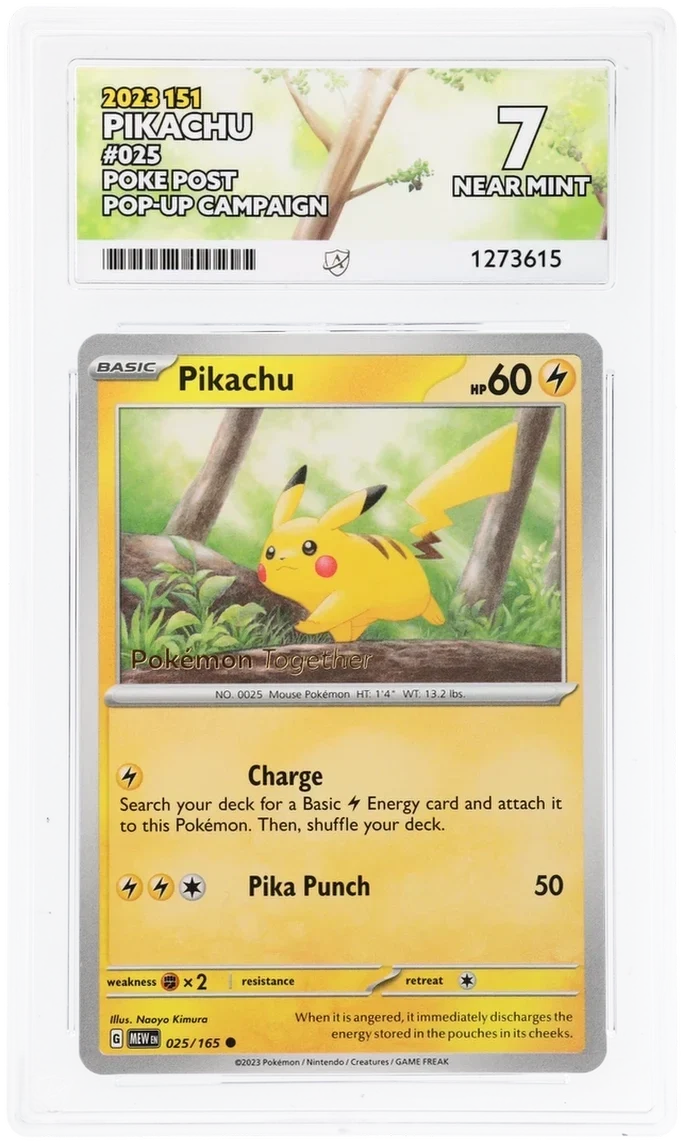 Pikachu 025/165, 2023 151, ACE 7 NEAR MINT graded slab, front, cert 1273615