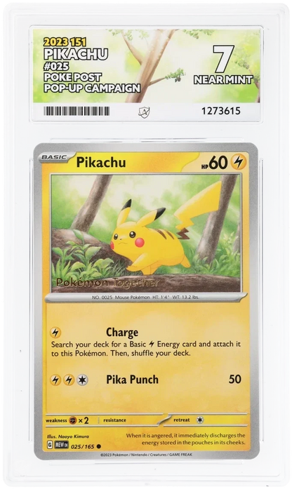Pikachu 025/165, 2023 151, ACE 7 NEAR MINT graded slab, front, cert 1273615