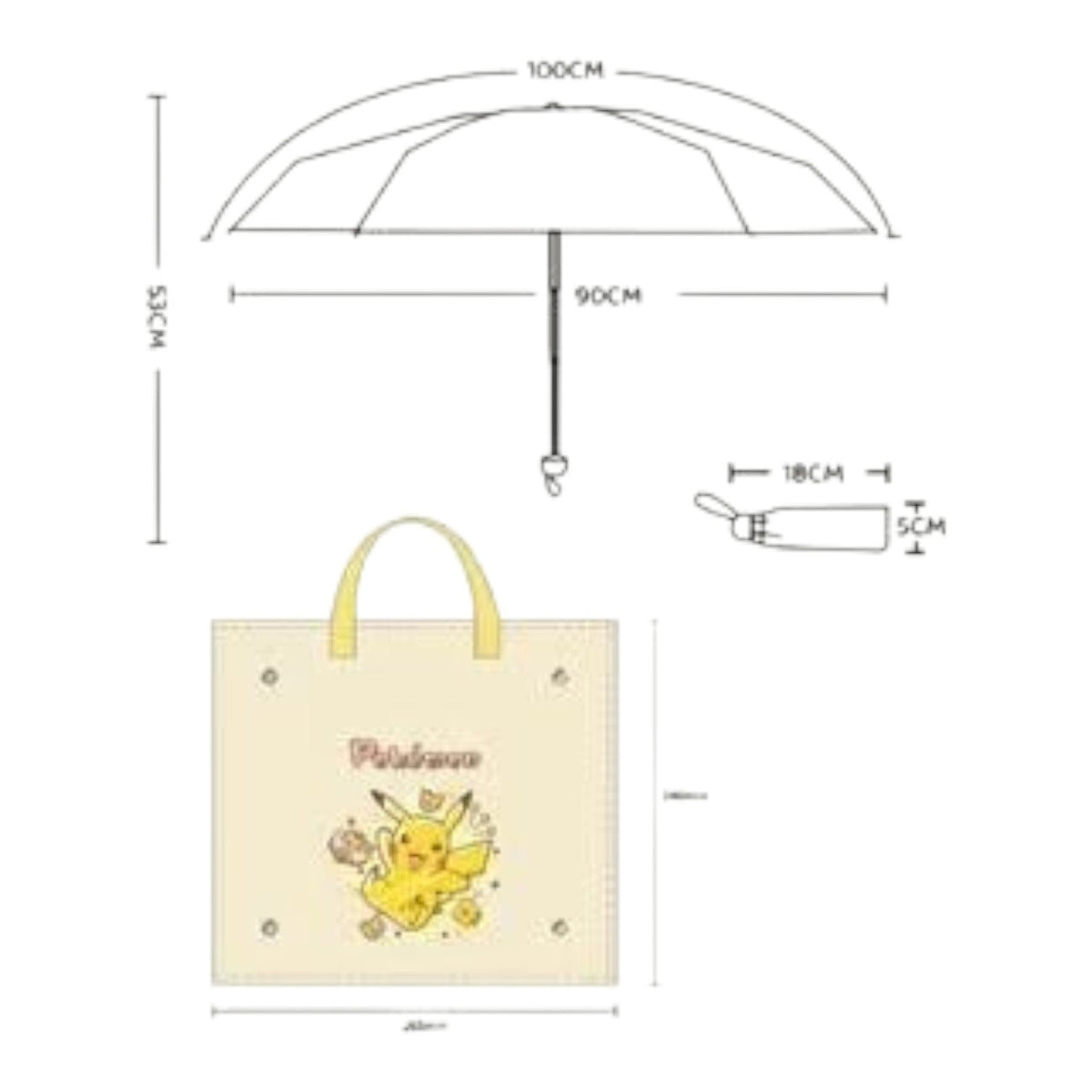 Size chart and storage bag details for the Pokémon Pikachu donuts umbrella