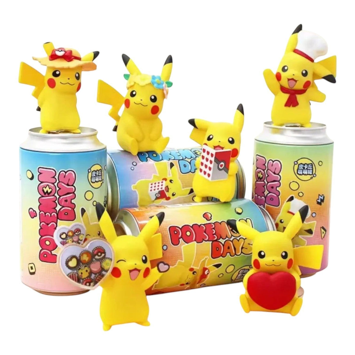 All six Pikachu Picnic Figure Can designs shown together in a single product mockup
