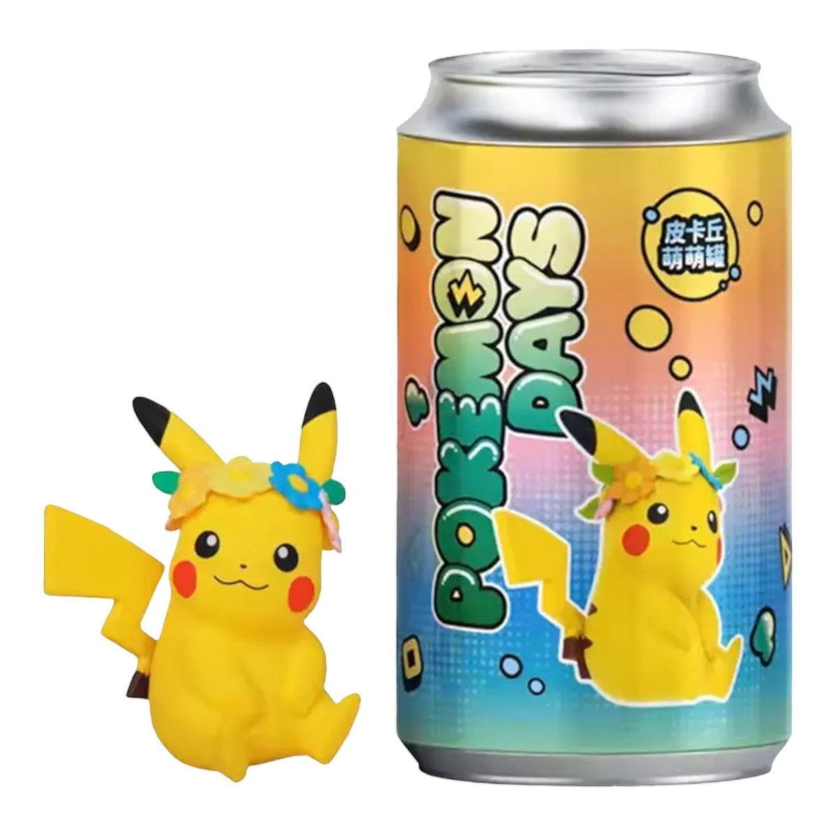 Pikachu Picnic Figure Can, Pikachu figure posed with flowers beside the collectable tin