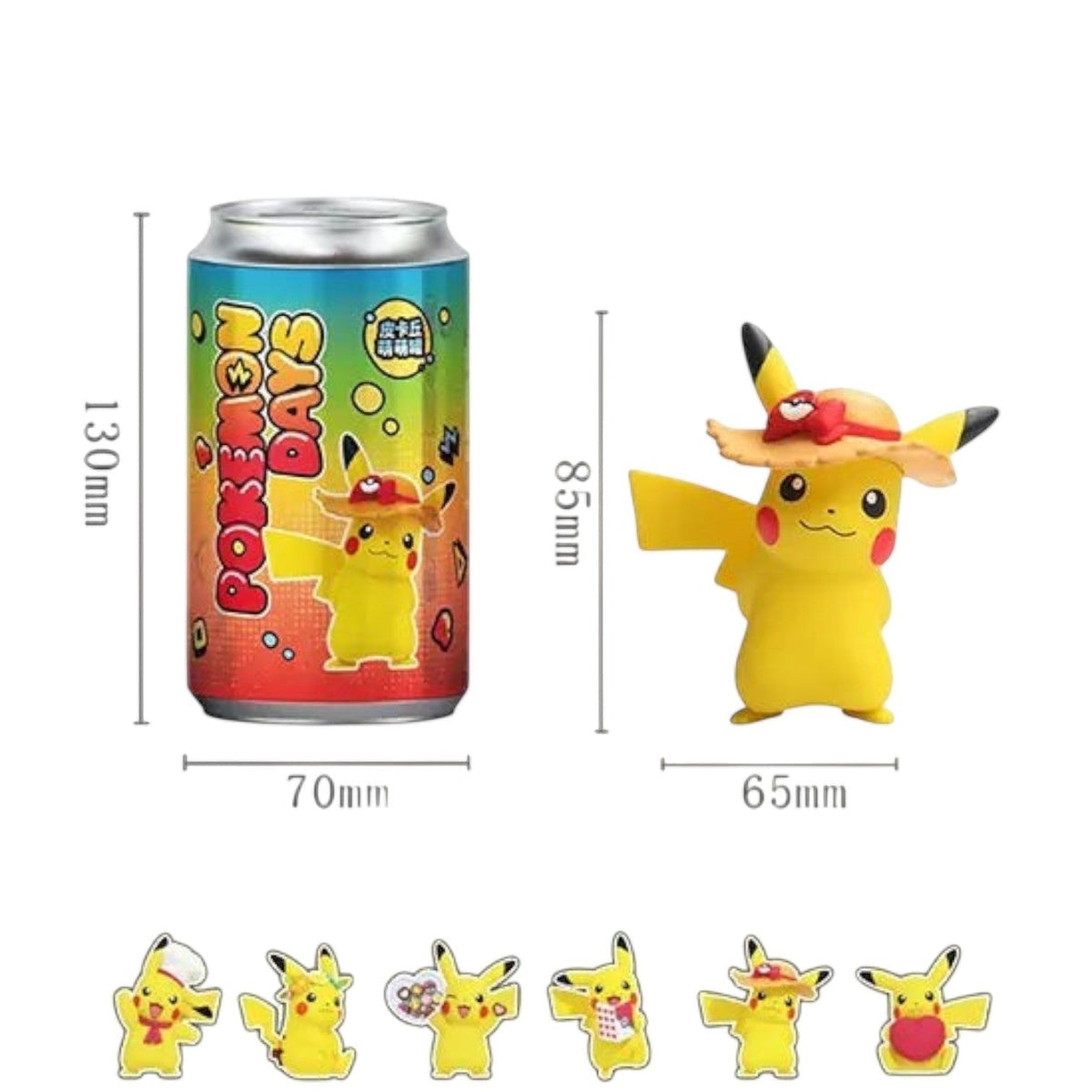 Pikachu Picnic Figure Can size guide showing the tin's dimensions next to the figure