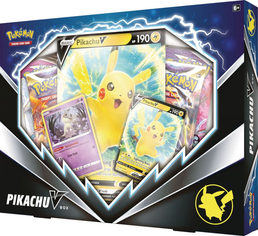 Pokémon TCG Pikachu V Box shown front-on with Pikachu V artwork on the collection box