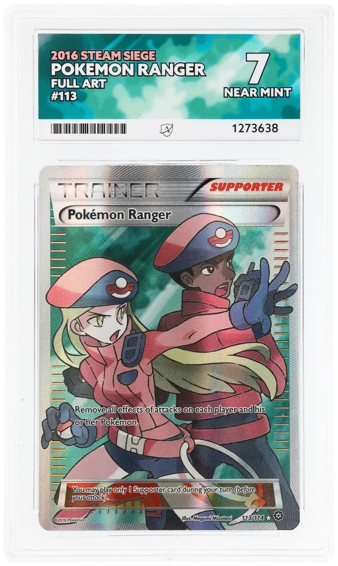 Pokemon Ranger 113/114 Full Art, 2016 Steam Siege, ACE 7 NEAR MINT graded slab, front, cert 1273638