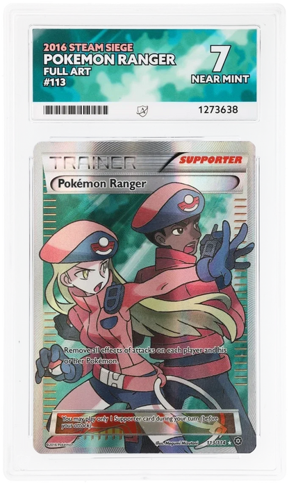 Pokemon Ranger 113/114 Full Art, 2016 Steam Siege, ACE 7 NEAR MINT graded slab, front, cert 1273638