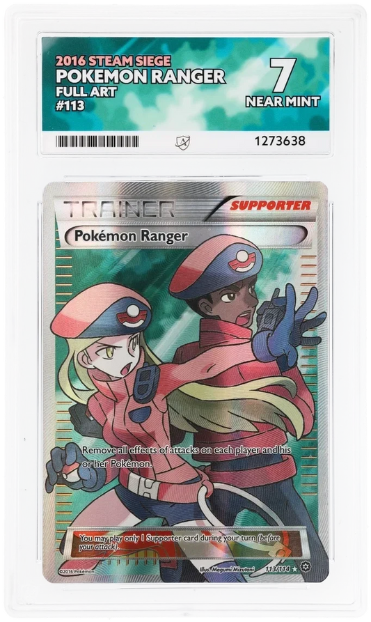 Pokemon Ranger 113/114 Full Art, 2016 Steam Siege, ACE 7 NEAR MINT graded slab, front, cert 1273638