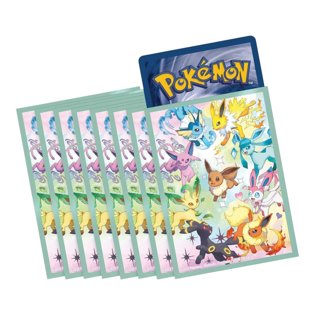 Pokémon TCG Prismatic Evolutions card sleeves with Eevee and its evolutions in pastel art