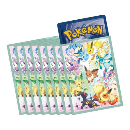 Pokémon TCG Prismatic Evolutions card sleeves with Eevee and its evolutions in pastel art