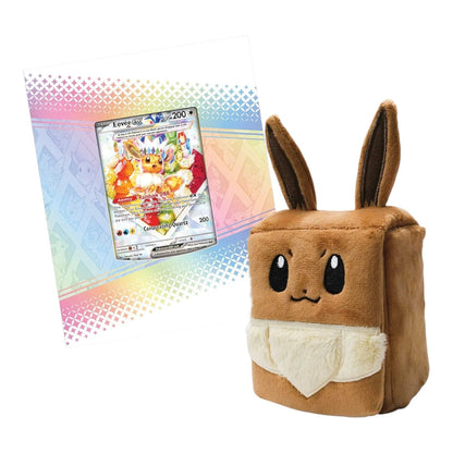 Prismatic Evolutions Eevee ex promo card next to the fuzzy Eevee deck box from the collection