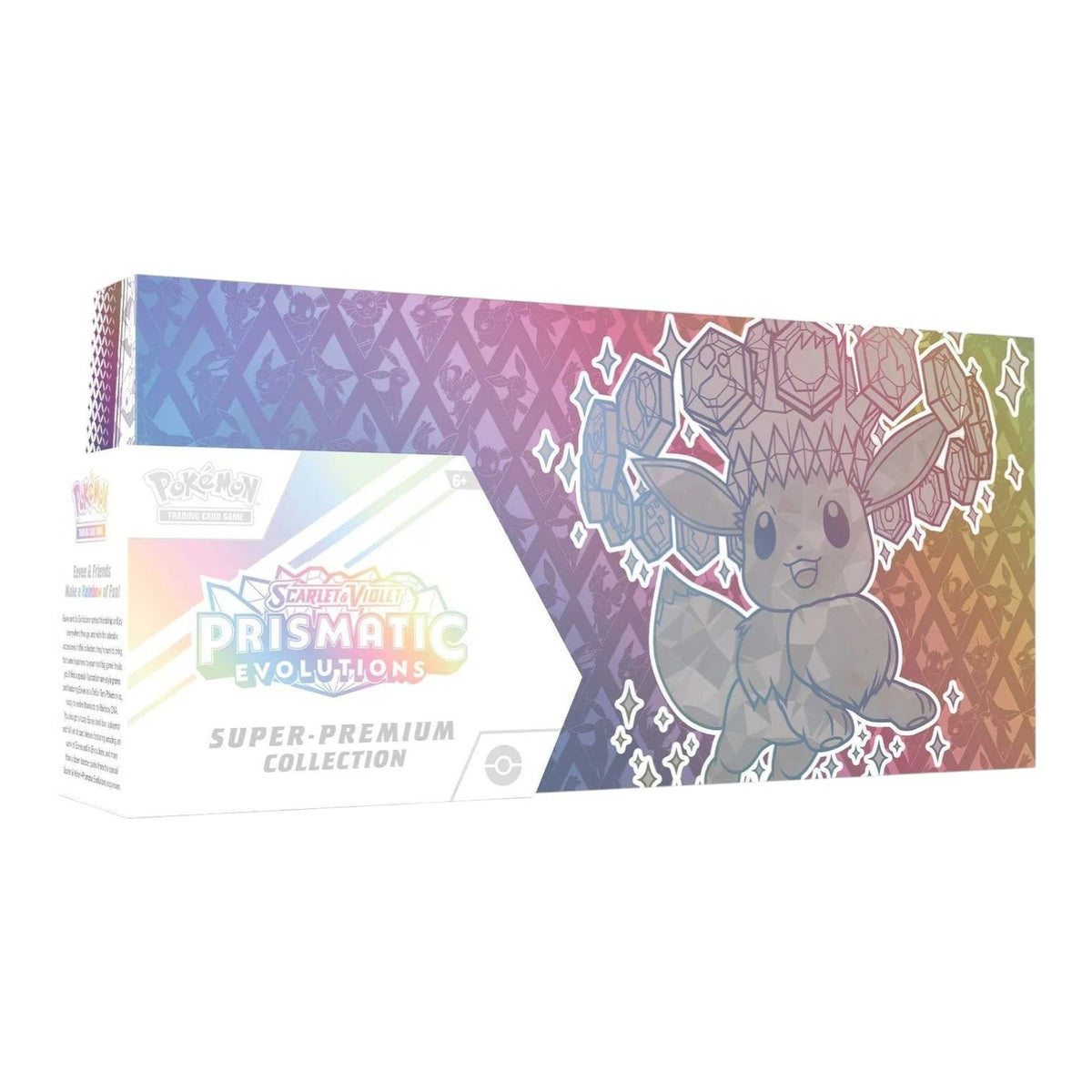 Pokémon TCG Prismatic Evolutions Super-Premium Collection box with Eevee on a gradient background