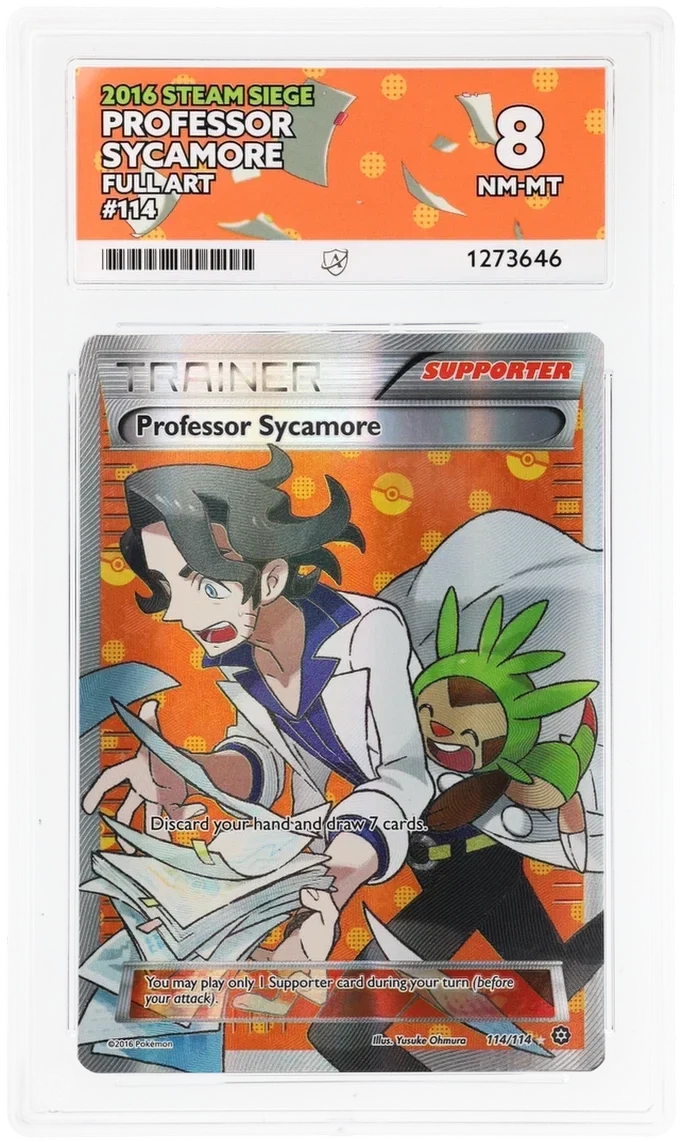 Professor Sycamore 114/114 Full Art, 2016 Steam Siege, ACE 8 NM-MT graded slab, front, cert 1273646