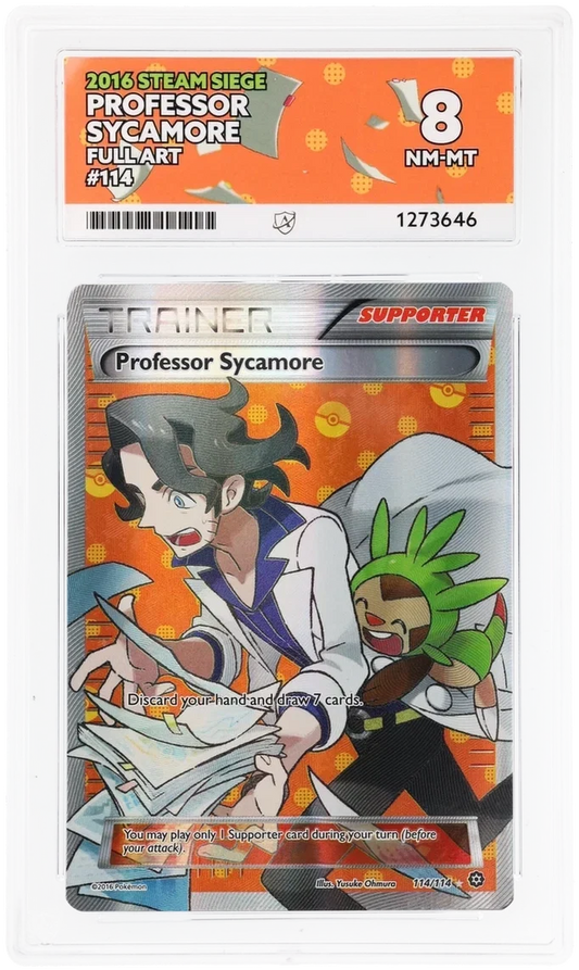 Professor Sycamore 114/114 Full Art, 2016 Steam Siege, ACE 8 NM-MT graded slab, front, cert 1273646