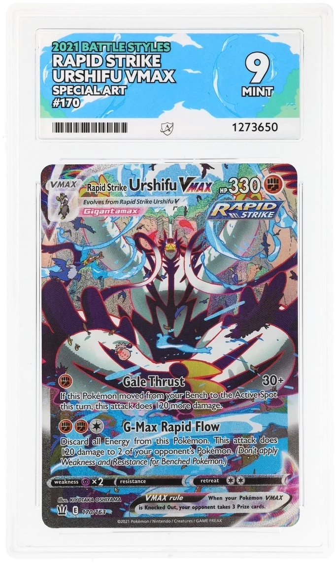 Rapid Strike Urshifu VMAX 170/163 Special Art, 2021 Battle Styles, ACE 9 MINT graded slab, front, cert 1273650