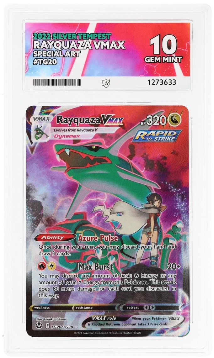 Rayquaza VMAX TG20/TG30 Special Art, 2022 Silver Tempest, ACE 10 GEM MINT graded slab, front, cert 1273633