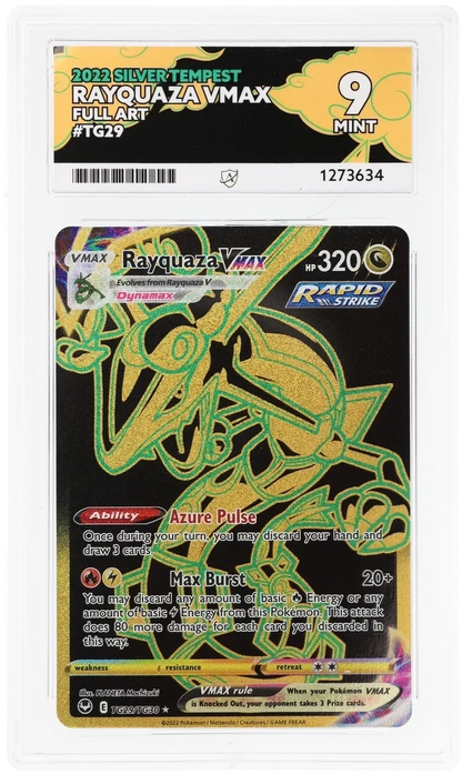 Rayquaza VMAX TG29/TG30 Full Art, 2022 Silver Tempest, ACE 9 MINT graded slab, front, cert 1273634