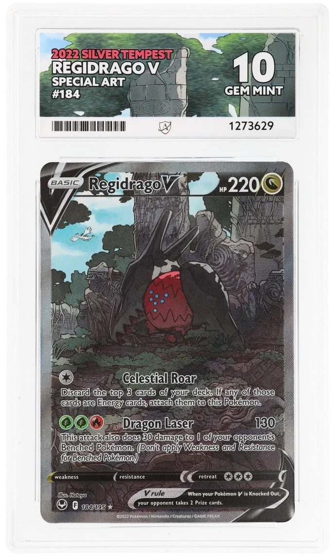 Regidrago V 184/195 Special Art, 2022 Silver Tempest, ACE 10 GEM MINT graded slab, front, cert 1273629