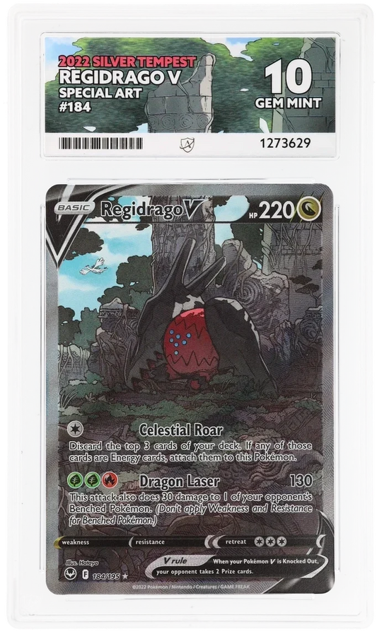 Regidrago V 184/195 Special Art, 2022 Silver Tempest, ACE 10 GEM MINT graded slab, front, cert 1273629