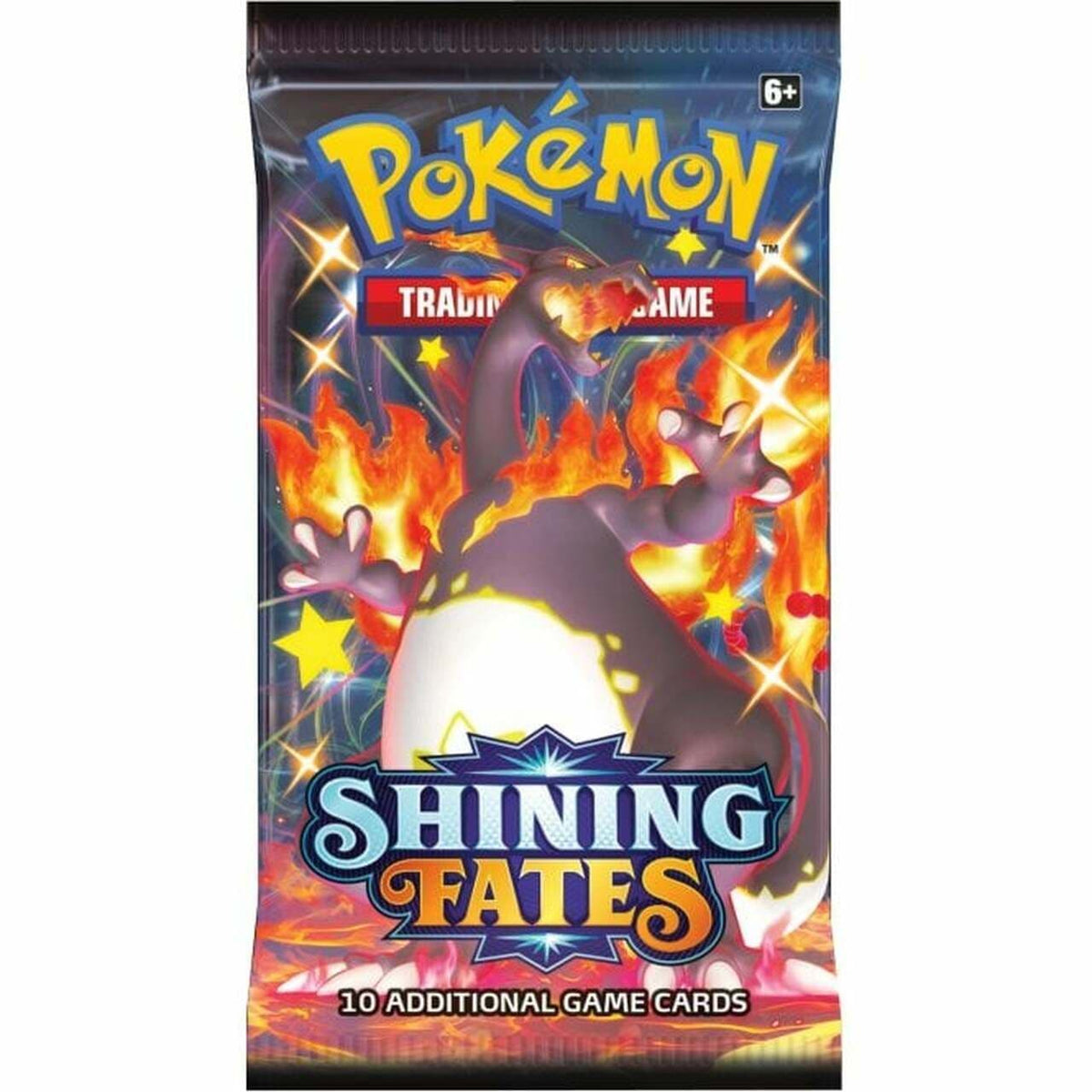 Pokémon Shining Fates booster pack, a sealed Pokémon TCG expansion pack, pictured from an alternate angle